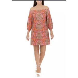 Vince Camuto Off Shoulder Puff Sleeve Paisley Linen Dress Orange Pink 18W
